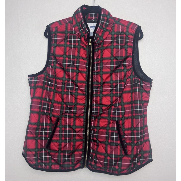 Old Navy Womens Red Plaid Quilted Puffer Vest Size XL Black Velvet Trim Gold Zip - Picture 1 of 8